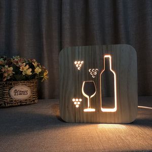 3D 나무 야간 가벼운 와인 유리 병 중공 디자인 USB 전원 주도 따뜻한 밤 빛 침실 바 카페 홈 장식 조명