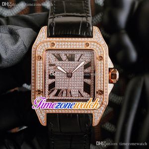 42mm Full Diamonds Dial Quartz Mens Watch Rose Gold With Diamond Case Leather Strap Watches Timezonewatch E239a1