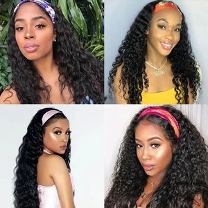 Großhandel Echthaar-Stirnband-Schal-Perücke für afroamerikanische Frauen, natürliche Farbe, maschinell hergestellte Perücken ohne Spitze, gerade, gewellt, lockig