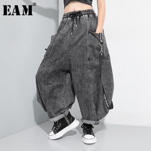 [eam] الساق واسعة سوداء كبيرة الحجم الشريط غرزة جينز جديد عالية الخصر فضفاض المرأة السراويل الأزياء المد الربيع الخريف 1D202 201029