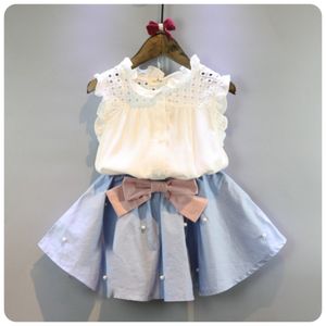 Vestiti 2-8 anni Bambini per ragazze Gonna con fiocco e top in pizzo Abito estivo Set di abbigliamento per bambini in stile coreano Set per neonati