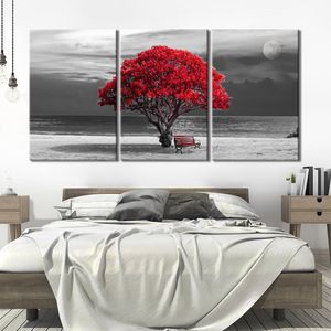 3ピースの壁アートムーンナイト赤い木プリントポスター写真ベッドルームの家の装飾キャンバス絵画