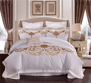 4/6/10Pcs Luxury 1000TC Egyptian Cotton Embroidery White Bedding Sets Hotel Duvet Cover King Queen sizeFlat Bed Sheet Bedspread T200706