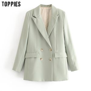 토핑 여름 녹색 얇은 블레이저 사무실 숙녀 정장 재킷 Womens 공식 Blazzer 더블 브레스트 코트 201201