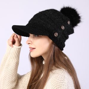 fur ball baseball hat Knit Winter warm fleece lined button hat skull caps with Brim fashion women hats fashion accessories will and sandy