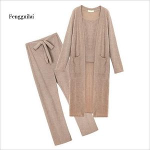 Kvinnor Nya Sling Knit Long Cardigan Suit Female Korean Fashion Loose Truusers Three-Piece Autumn Dress Lady