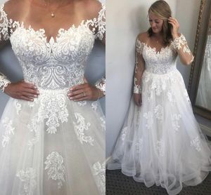 Gorgeous Lace Applique Wedding Dresses Bridal Gown A Line Tulle Long Sleeves Floor Length Scoop Neck Custom Made Vestido De Novia 403
