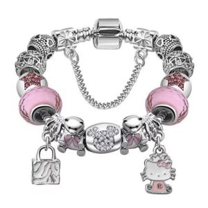 925 srebrny srebrny urok bead fit europejski urok bransoletki Bieczek dla kobiet różowy kotek kota torebka danglecharm koraliki węża łańcuch mody biżuteria