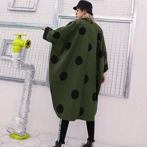 Xitao oregelbunden plus storlek trench kvinnor polka dot höst singel bröstficka elegant patchwork sväng ner krage coat gcc1781 201015