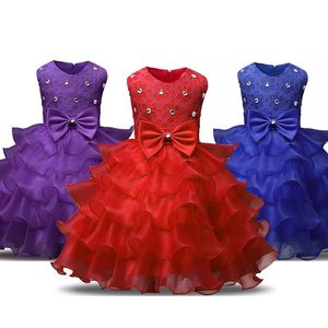 Tjejens klänningar Blomma Layered Cake Tutu Dress Kids Kläder Elegant Hand Beading För Girls Princess Girl 1 År Birthday Party Kostymer