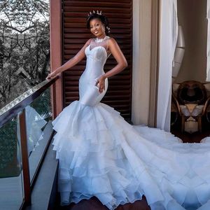 Luxury African Long Train Mermaid Wedding Dress Tiered Skirts 2021 Chapel Length Appliques Lace Jewel Neck Bridal Dresses Gowns Plus Size