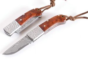 High Quality Small Damascus Pocket Folding Knife VG10 Damascus Steel Blade Red shadow wood Handle EDC Knives With Nylon Bag