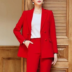 Pant Suit Women 2020 Office Ladies Wear Business Formal Work Elegant Double Breasted Blazer Two Piece Set Pantsuits Plus Size