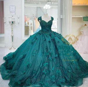 NOWY!!! 3d kwiaty suknia kulowa Quinceanera sukienki Teal Green Prom Graduation Suknie Lace Up Corset Princess Sweet 15 16 Dress Vestidos CG001