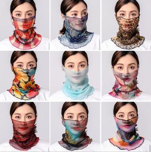 Tulle Silk Scarves Women Print Sunscreen Headband Gold Floral Face Mask Turban Beach Fashion Driving Scarf Sea Chiffon Neckchief LSK1742