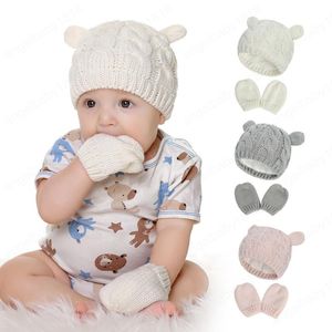Luvas do bebê Beanie Hat Set Recém-nascido inverno Mittens Baby Kids Criança Crianças malha de lã quente Forrado térmica para Boy Girl