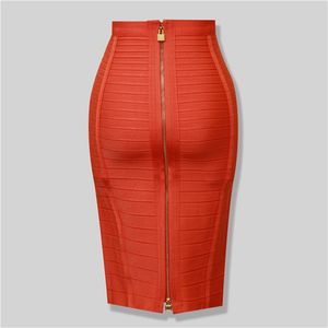High Quality Black Red Blue Orange Zipper Bodycon Rayon Bandage Skirt Day Party Pencil 220214