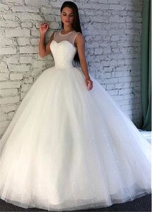 Sparkly Sequins Tulle Ball Gown Wedding Dresses Sleevelss Bridal Gowns With Beadings Jewel Neck Glitter Princess Bride Dress Vestidos de Novia