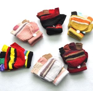 5-15Years New Thicken Warm Infant Baby Boys Girls Winter Warm Gloves Newborn Patchwork Colored Mittens Kids Knitted Half Fingers Flip Gloves