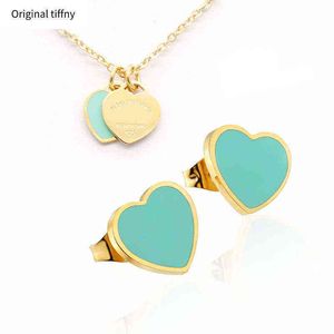 Wholesale vintage jewelry sets resale online - Newest Silver Gold Vintage enamel PINK Green Double Heart Charms Necklace and Earring Jewelry set Pendant Luxury Women Men chain Stainless Y220310