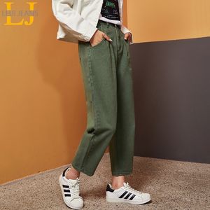 Leijijeans أسود كبير الحجم المرأة غير مرونة عالية الخصر فضفاضة النساء الجينز فضفاض الجيش الأخضر هارلان فتاة جينز 201028