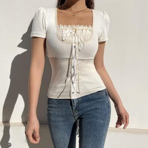 Wholesale button up lace top for sale - Group buy Women s T Shirt Summer Square Neck Slim Crop Tops Women Short Sleeve Ruched Tie up Lace Trim Stitching T shirts With Buttons Harajuku Y2K S