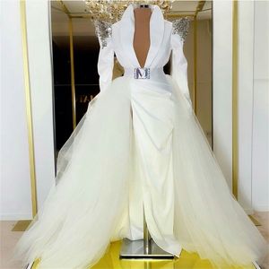 Modern Design Aftonklänningar Långärmade Beading Sequins A Line Prom Klänningar Sexig V Neck Ruched Satin Custom Made Formal Party Gown