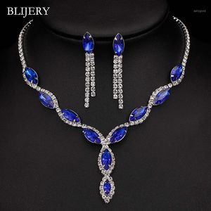 BLIJERY Silber Überzogene Royal Blue Kristall Hochzeit Schmuck Sets für Frauen Blatt Quaste Lange Halskette Ohrringe Braut Schmuck Sets1