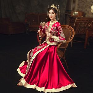 Vintage Chinese style ethnic clothing royal wedding cheongsam costume red bride traditional Tang suit Embroidery Qipao