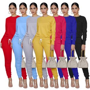 Womens Fluorescent Solid Long Sleeve Tracksuits Classic Round Neck Tight Top Pleated Slim-fit Exercise Pants Plus Size Clothes Suits