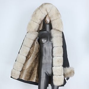 BluenessFair 2020防水パーカー本物の毛皮のコート冬のジャケットの女性の自然なキツネの毛皮の襟フード厚い暖かいアウターストリートウェアLJ201201