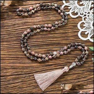 Anhänger Halsketten Anhänger Schmuck 8 mm natürliche schwarze Linie Rhodochrositperlen geknotete Halskette Meditation Yoga Segen Rosenkranz 108 Japamal