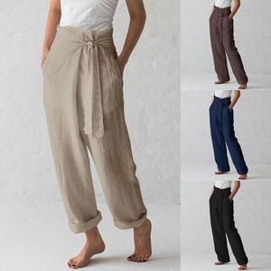 Frauen Hosen Capris Casual Casual Baumwolle Leinen Frauen Hohe Taille Breite Bein Frühling Sommer Büroband Lose Palazzo Hosen Weibchen Schwarz Grau