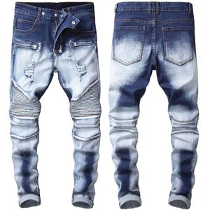 Kleine, gerade, schmal geschnittene, plissierte Motorradjeans für Herren mit Stretchanteil, weiße, zerrissene Jugendjeans