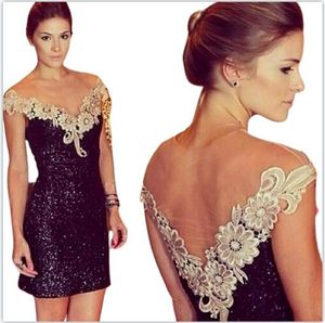 Sexy Black Sequined Mini Cocktail Dresses V-Neck Lace Appliqued Short Prom Party Dresses Open Back Club Wear vestido de formatura