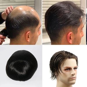 Czarny # 1B Color 8x10 Naturemual Hair Silky Proste 100% Human Hairs Toupee Thin Skin Toupee Full Pu Men Toupees System wymiany