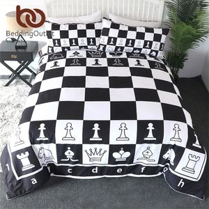 BeddingOutlet Chess Board مجموعة مفروشات أبيض وأسود ألعاب المنسوجات المنزلية المربعات في سن المراهقة الأولاد سرير مجموعة الملكة دروبشيب 201210