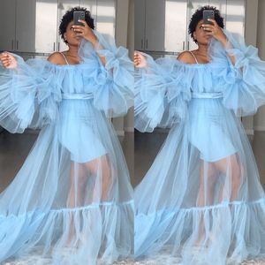 Vedere attraverso abiti da ballo in tulle Abiti da notte in maglia trasparente blu baby Abiti da notte estivi lunghi per fotografia Abiti premaman Servizi fotografici