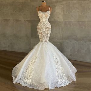 Gorgeous Lace Mermaid Beaded Wedding Dresses Spaghetti Straps Neck Plus Size Bridal Gowns Sweep Train Robe de Mariée