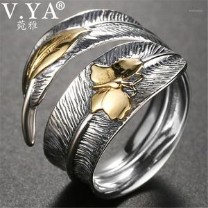 Cluster Rings V.YA 925 Sterling Silver Ring For Men Women Leaf & Butterfly Adjustable Retro Thai Jewelry Bijoux Gift1