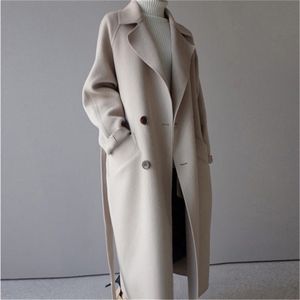 Осень зима стройное длинное пальто женщины повседневная двубортное шерстяное пальто женский корейский элегантный офис леди overisze wearwear 201218