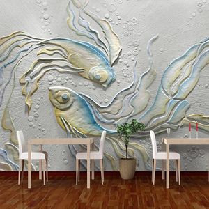 Custom Background Wallpaper Photo Wall Art 3D estereoscópico Relief Goldfish TV Mural Sala Quarto não-tecidos