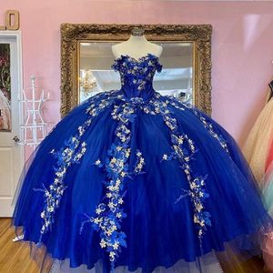 Royal Blue Balo Quinceanera Modelleri 3D çiçekler Kız Sweet 16 Parti Abiye Kapalı Omuz vestidos de Quinceañera