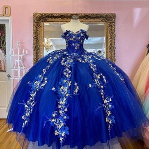 الأزرق الملكي الكرة بثوب Quinceanera فساتين 3D الزهور فتاة حلوة 16 حزب أثواب قبالة الكتف vestidos دي Quinceanera فساتين