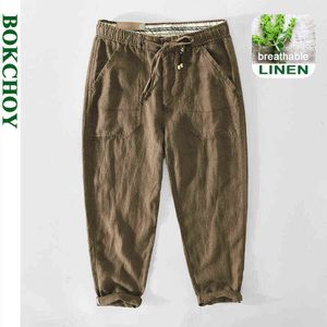 2021 Vår sommar Nya Män Ren Linne Casual Byxor Retro Tunn Midstycke Andningsskydd Hampa Lossa Straight Cargo Pants GA-Z351 H1223