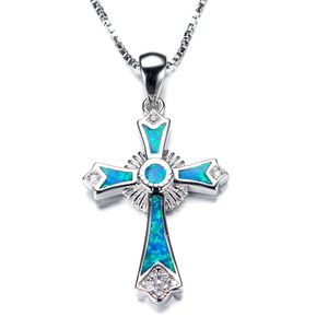 Högkvalitativa smycken Jesus Cross Opal Hängsmycke Halsband i Sterling Silver för Kvinnor Man Engagemang Bröllopsgåva