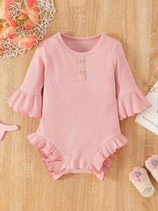 Baby Flounce Sleeve Ruffle Trim Fake Button Bodysuit SHE