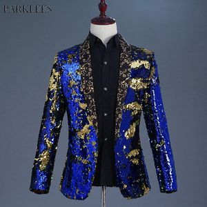 Luksusowy Royal Blue Cekiny Sukienka Blazer Mężczyźni Klub Nightclub Scena Szal Collar Męskie Kostium Kurtka Wedding Party Stage Blazer Masculino 2XL 201105