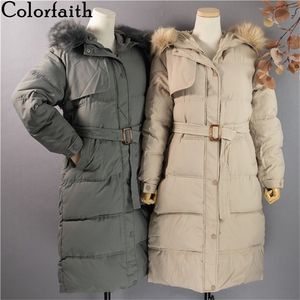 Colorfaith Yeni 2020 Sonbahar Kış Kadın Uzun Ceket Kapitone Ofis Lady Lace Up Puffer Parkas Yüksek Kaliteli Kapüşonlu Ceket LJ201021