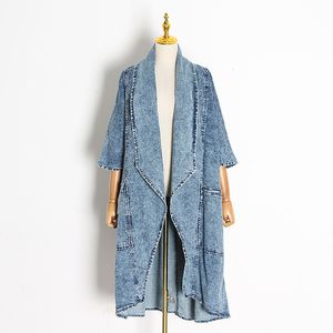 [EWQ] Kvinna Kläder Överrockar Tide Vintage Denim Kvinnor Windbreaker Lapel Collar Half Sleeve Hög midja Trench Coats Blue 201015